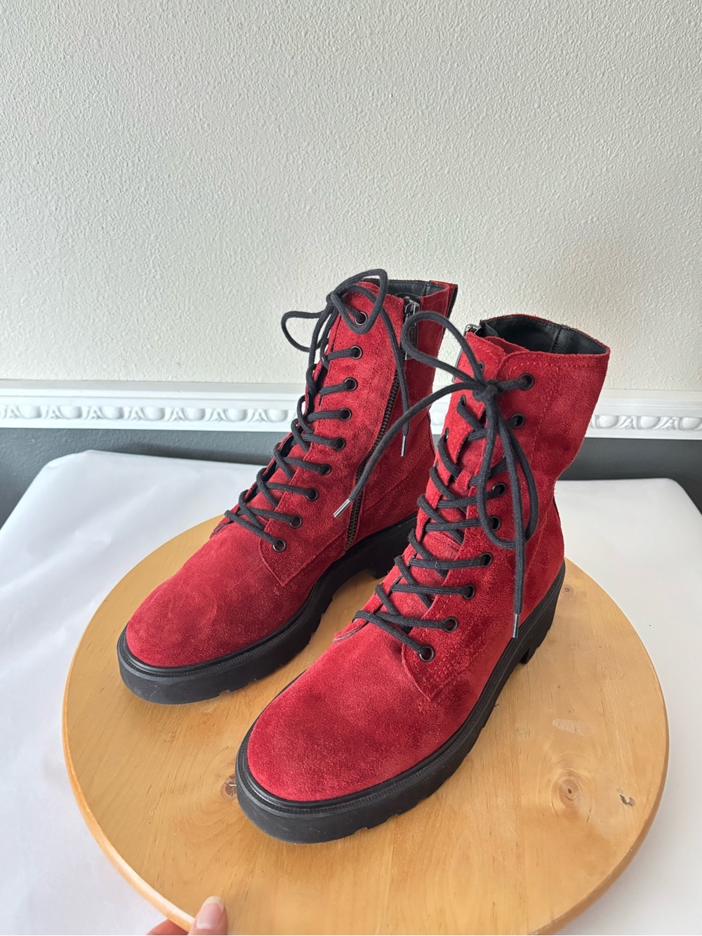 Paul Green Jackson Combat Lug Sole Lace up Boots in Flame Red Leather Suede 7.5